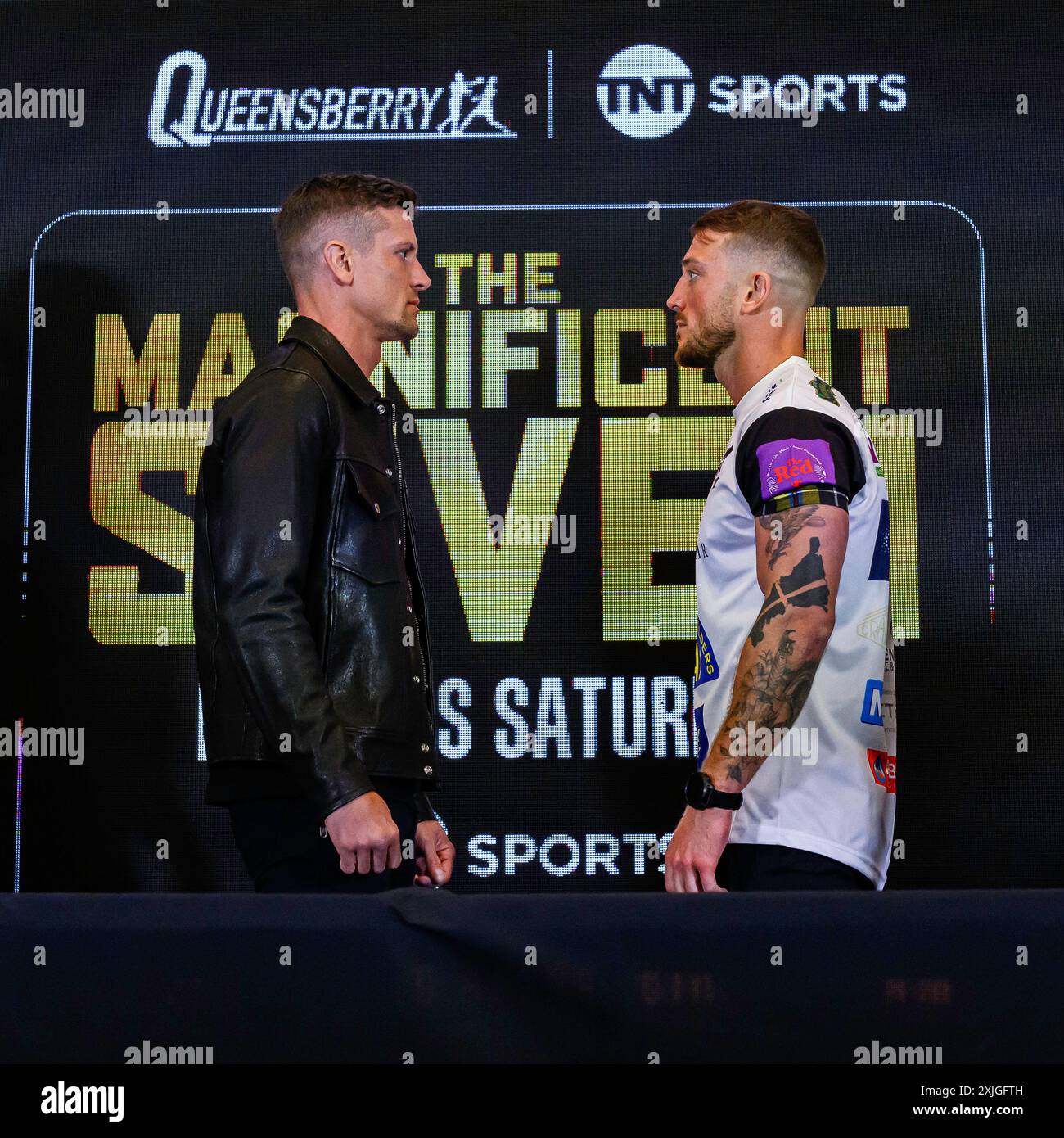 BIRMINGHAM, GROSSBRITANNIEN. Juli 24. Nathan Heaney (links) und Brad Pauls (rechts) während der Queensberry Magnificent 7 Final Press Conference in der Oasis Suite, Crowne Plaza Birmingham NEC am Donnerstag, den 18. Juli 2024 in BIRMINGHAM, ENGLAND. Quelle: Taka G Wu/Alamy Live News Stockfoto