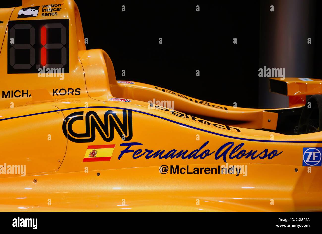 Nahaufnahme des McLaren Honda Andretti Indy Rennwagens von Fernando Alonso aus dem Jahr 2017 im Museum and Circuit in der Nähe von Oviedo Llanera Asturias Spanien Stockfoto