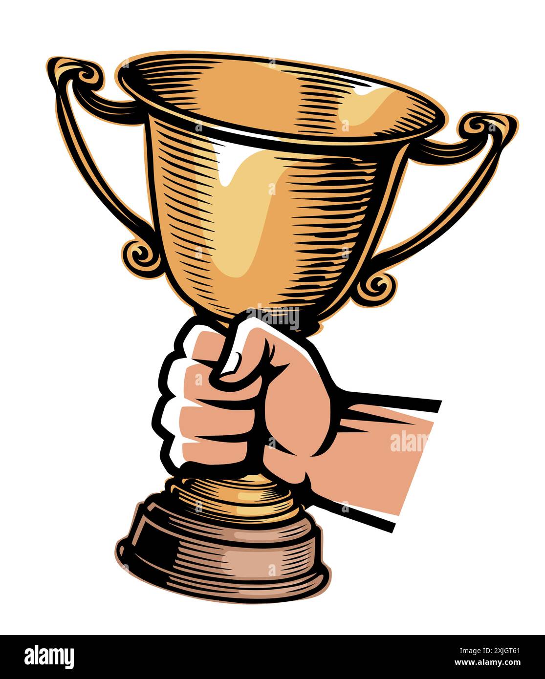 Champion Gold Cup, Trophäe in erhobener Hand. Symbol für Gewinner, Führungskraft, Zielerreichung. Vektorabbildung Stock Vektor