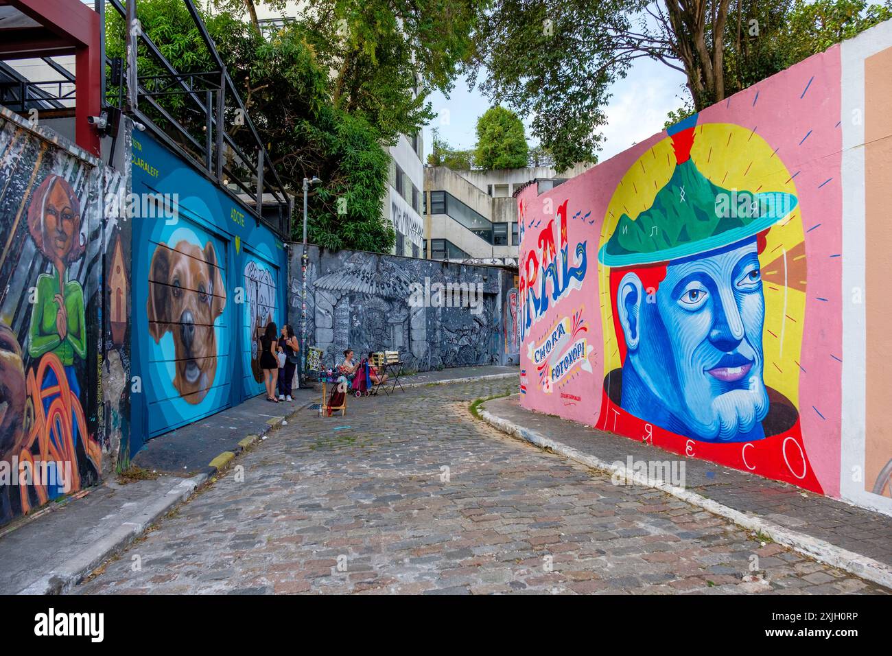 Brasilianische Straßenkunst- und Graffiti-Gemälde, Wandmalereien im Beco do Batman, Batman Alley, Vila Madalena Viertel, São Paulo, Brasilien Stockfoto