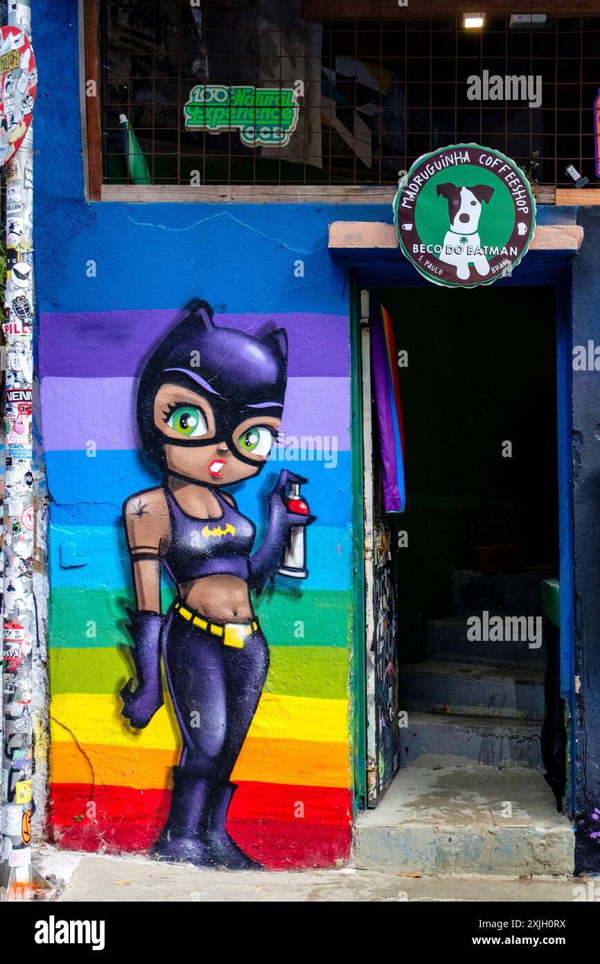 Brasilianische Straßenkunst und Graffiti-Gemälde, Beco do Batman, Batman Alley, Vila Madalena Viertel, São Paulo, Brasilien Stockfoto