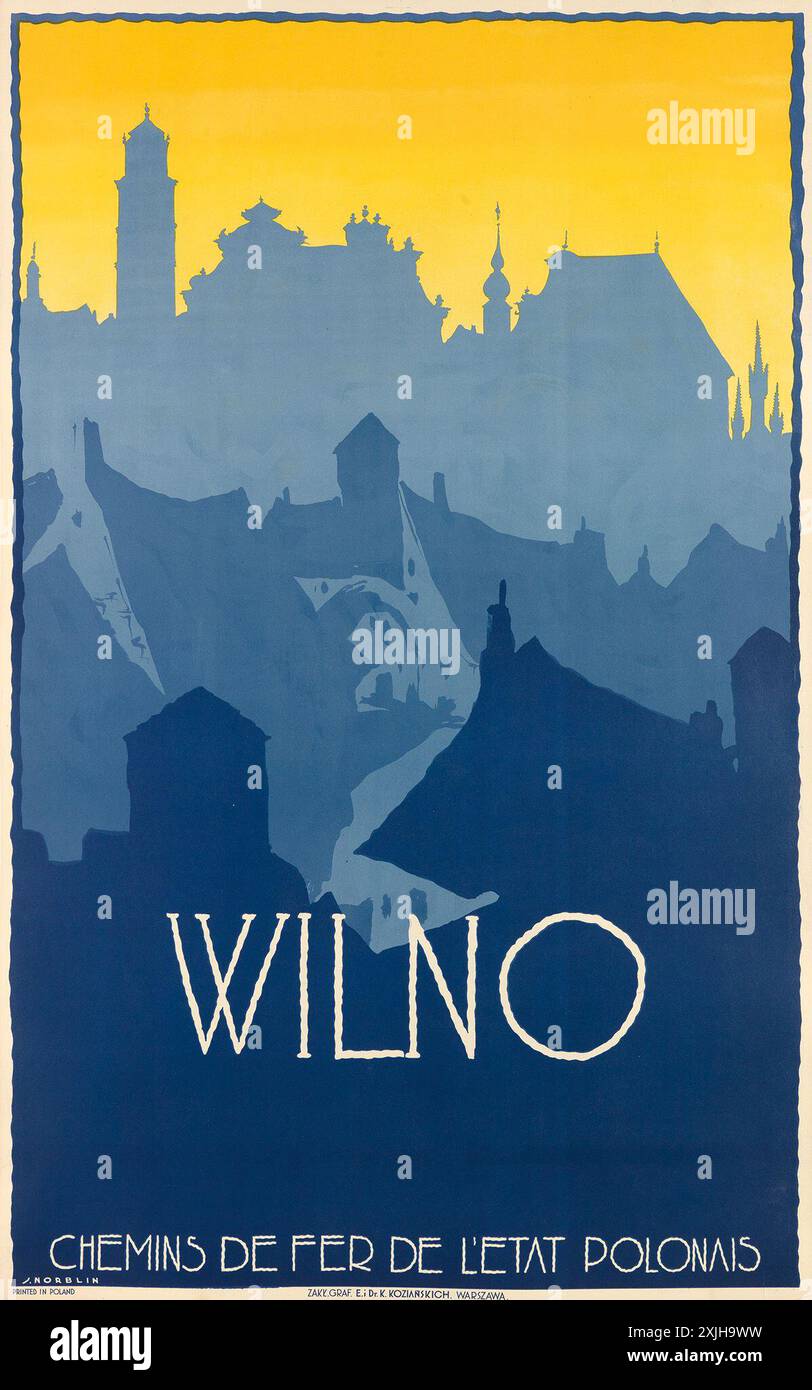 Vintage Rail Travel Poster, Wilno, heute Vilnius (Litauen), als es Teil des polnischen Staates war. Um 1930er Jahre Von Stefan Norblin Stockfoto