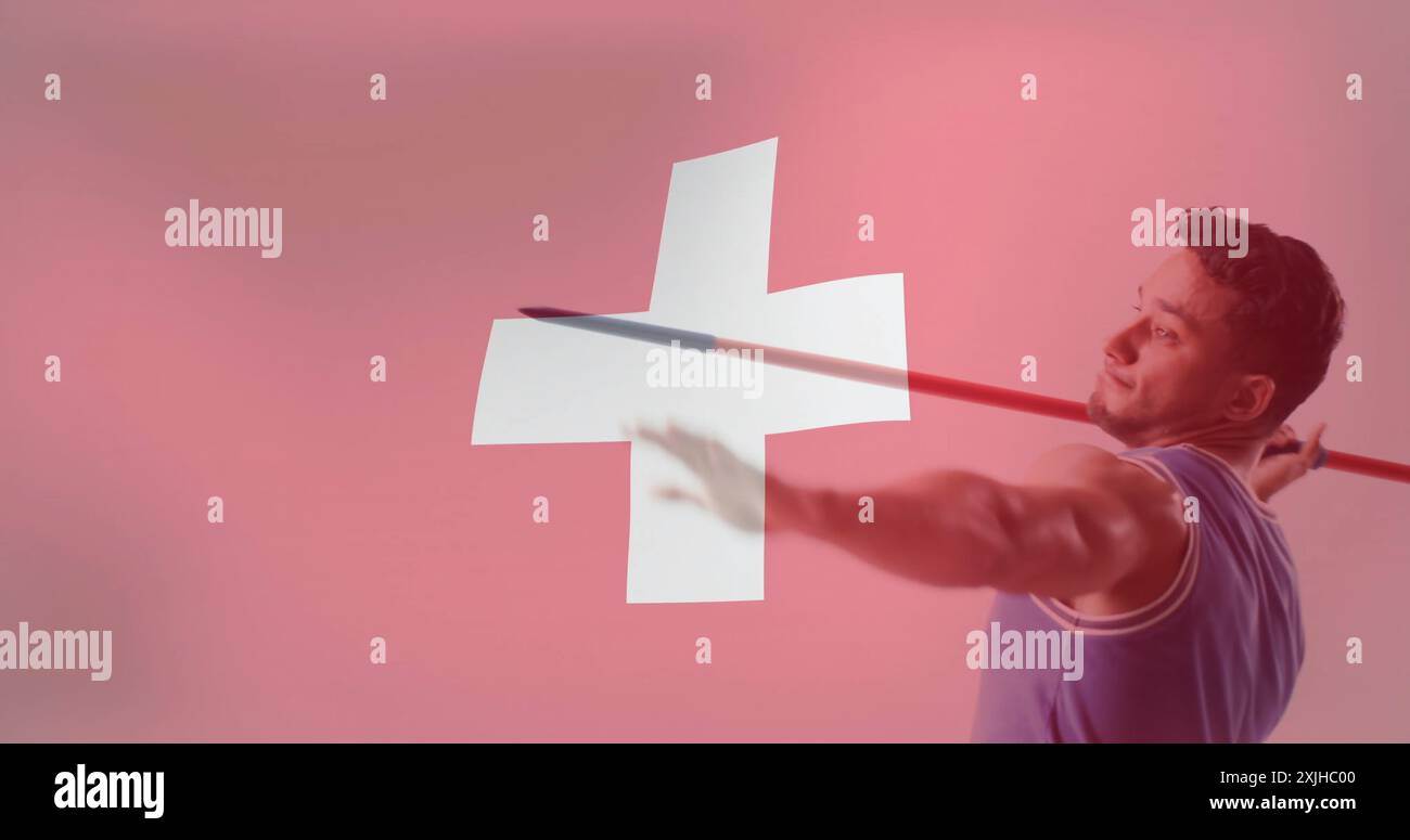 Bild der Flagge der schweiz über dem männlichen kaukasischen Speerwerfer Stockfoto