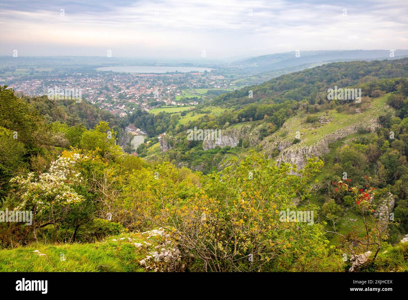 Cheddar-Schlucht und Dorflandschaft mit Cheddar-Stausee, Blick vom Aussichtspunkt auf dem Cliff Top Walk, Cheddar Somerset, England, Großbritannien Stockfoto