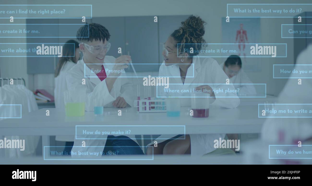 Bild der KI-Datenverarbeitung über verschiedene Studenten im Labor Stockfoto