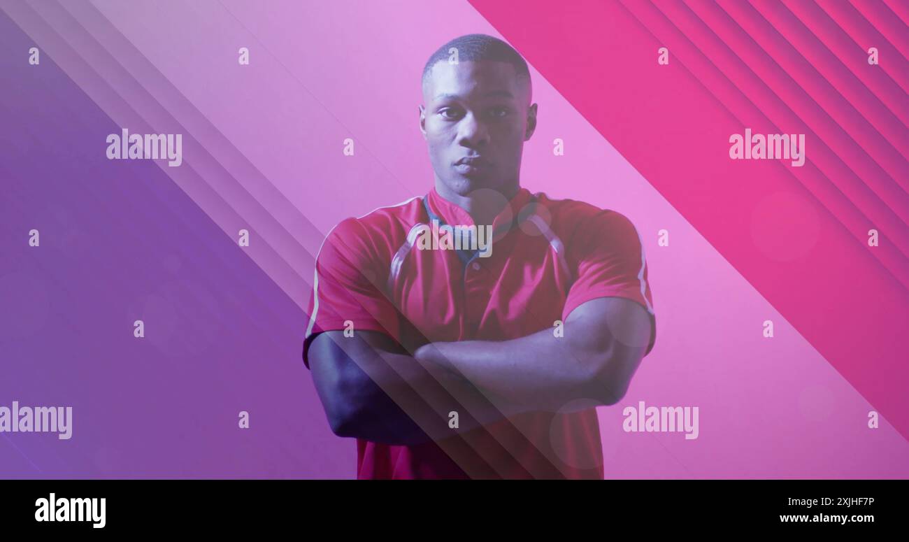 Bild der Flagge frankreichs über afroamerikanischem Rugbyspieler Stockfoto