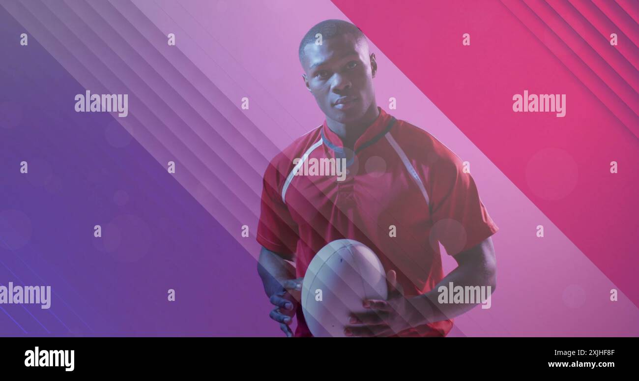 Bild der Flagge frankreichs über afroamerikanischem Rugbyspieler mit Ball Stockfoto