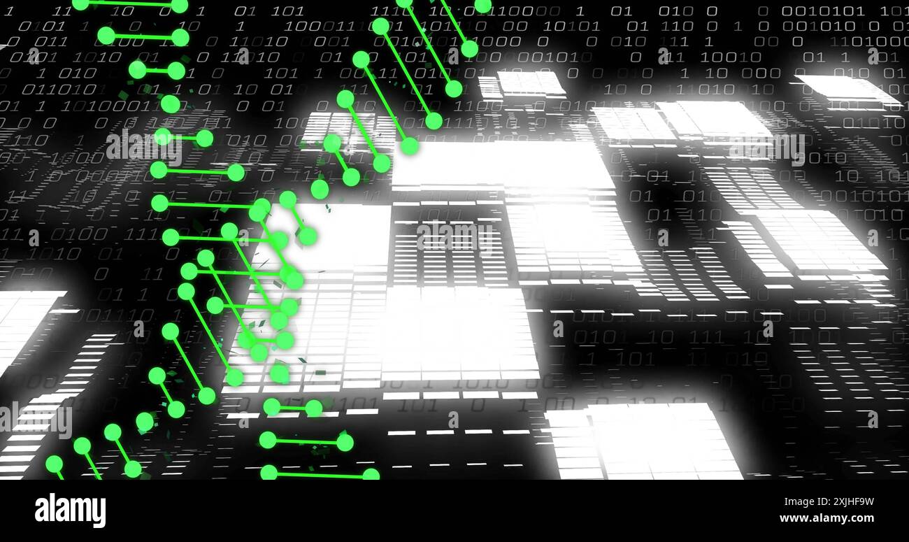 Bild von dna-Strängen über Datenverarbeitung und -Formen auf schwarzem Hintergrund Stockfoto