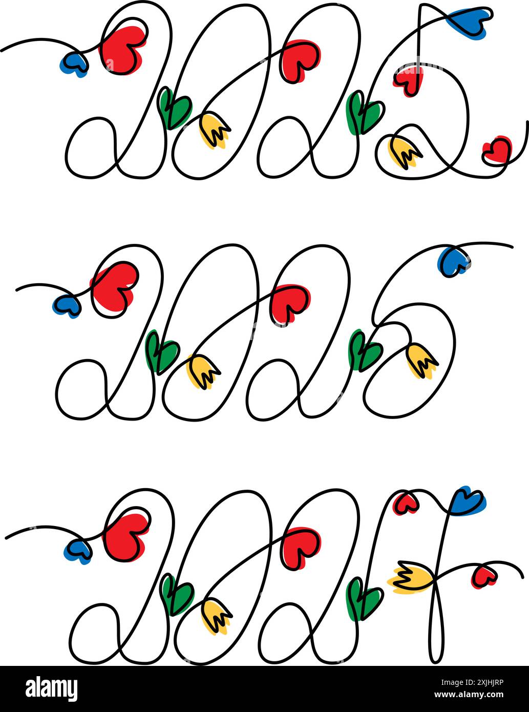 2025 2026 2027 Dekoratives Handschriftenkonzept mit Blumen und Herzen in trendigen hellen Farbtönen Line Art isoliert. Eine durchgehende Linie. Vektorgrüße oder -Karten, Poster, Banner, Etikett oder Webidee Stock Vektor