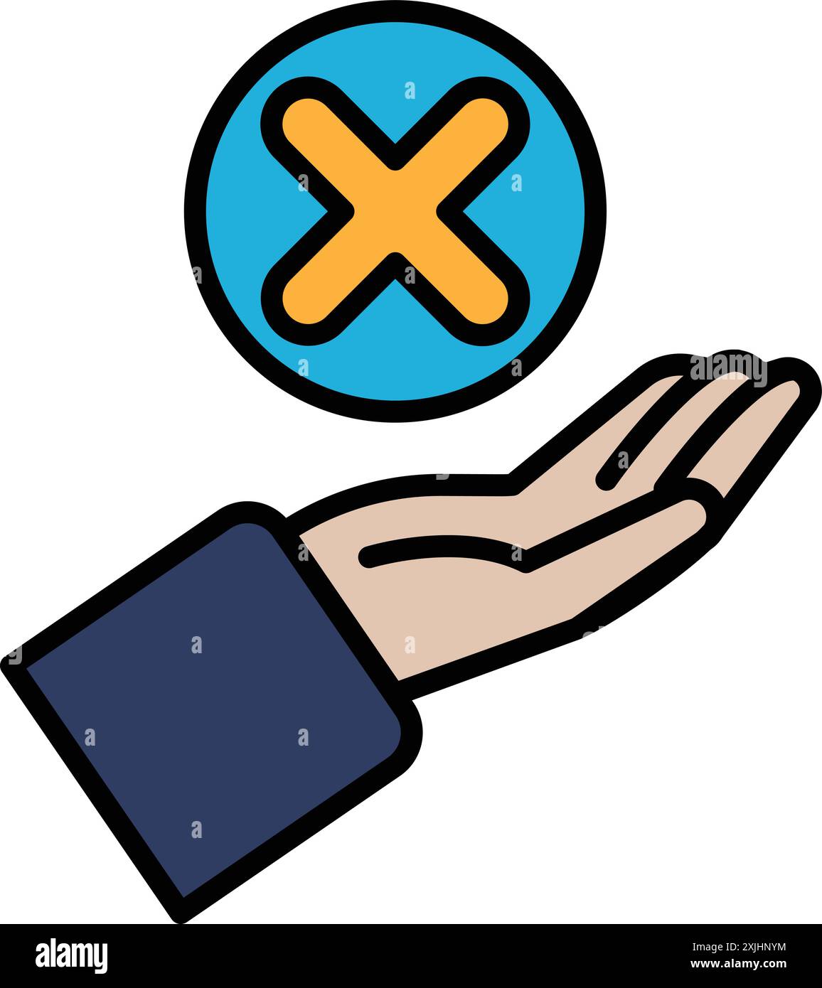 Eine Hand, die ein X hält. Das X ist ein Symbol für Missbilligung oder Ablehnung. Die Hand hält das X, was eine Weigerung darstellen könnte, etwas zu akzeptieren oder Stock Vektor