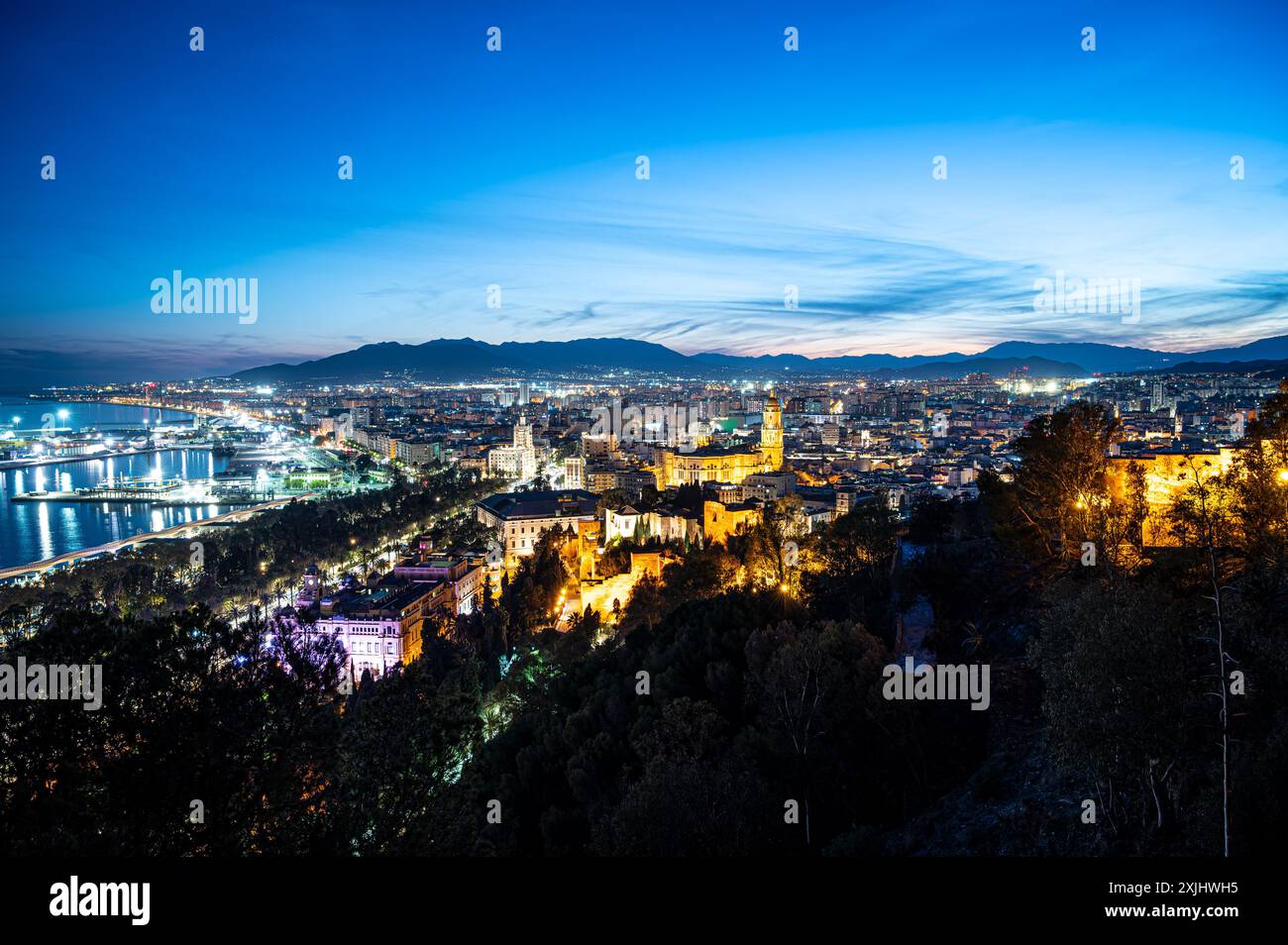 Nachtblick auf die Kathedrale von Malaga. Spektakulärer Blick bei Nacht auf Malaga, Spanien Stockfoto