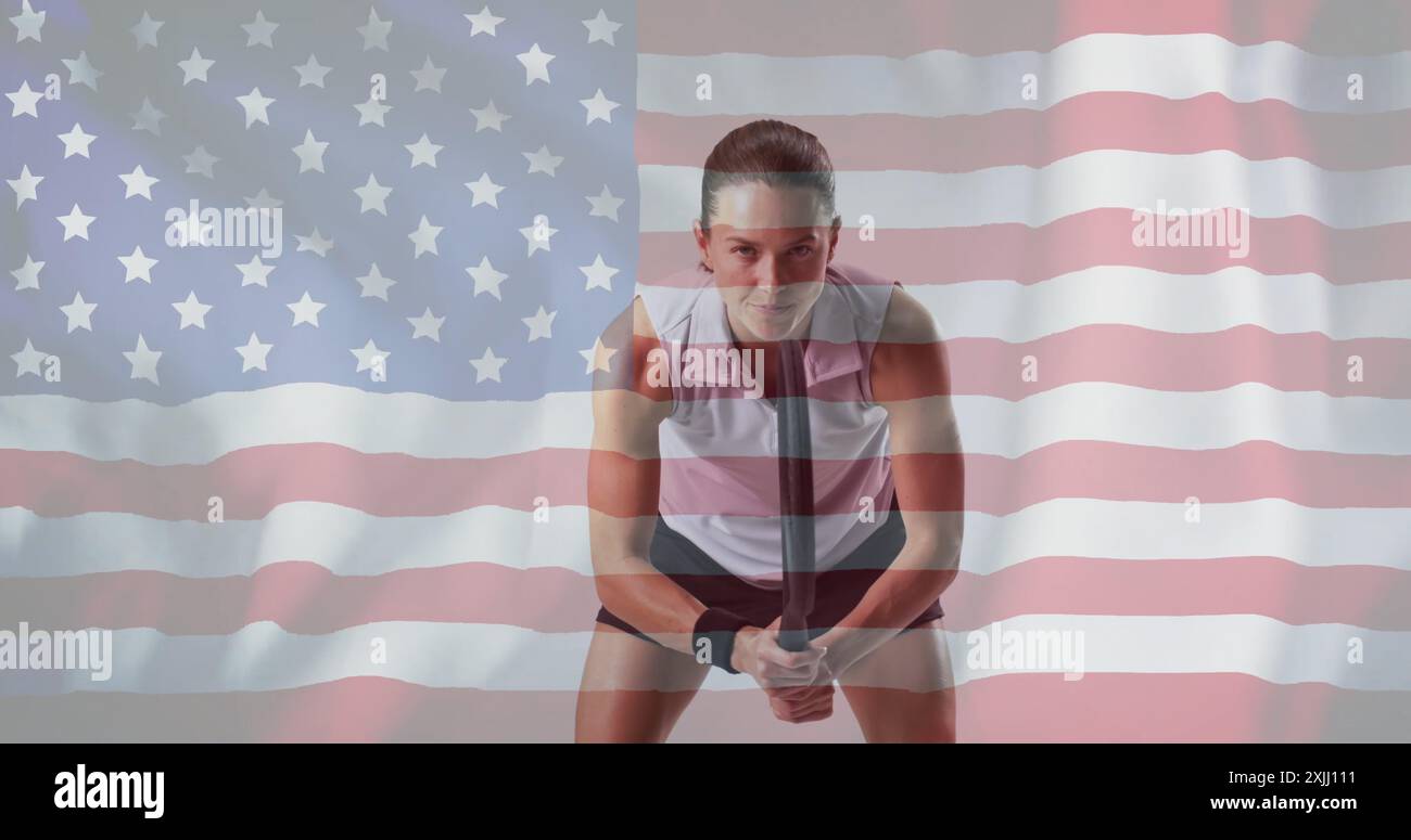 Bild der Flagge der usa über der weißen Tennisspielerin Stockfoto