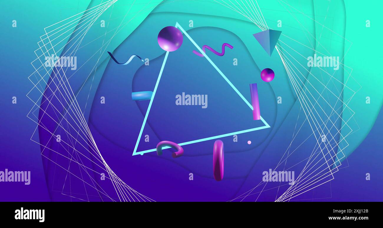 Bild der 3D-Netzwerkstruktur mit rotierendem Dreieck und 3D-Formen auf abstraktem blauem Hintergrund Stockfoto