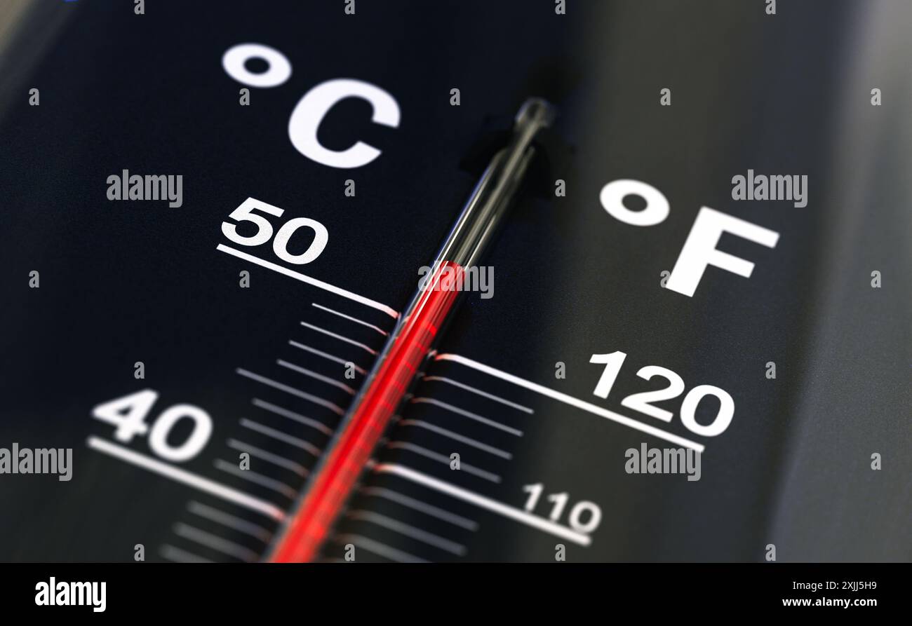 Außenthermometer mit extremen Temperaturen von mehr als 50 °c oder 120 °Farenheit. 3D-Abbildung Stockfoto