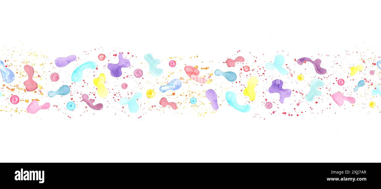 Abstrakte Einhörner, Regenbogen, Sterne und Funkeln. Aquarellfarben mit mehrfarbigen Punkten, Konturen und Spritzern. Nahtloser horizontaler Rahmen. Lebendige Farbtöne Stockfoto