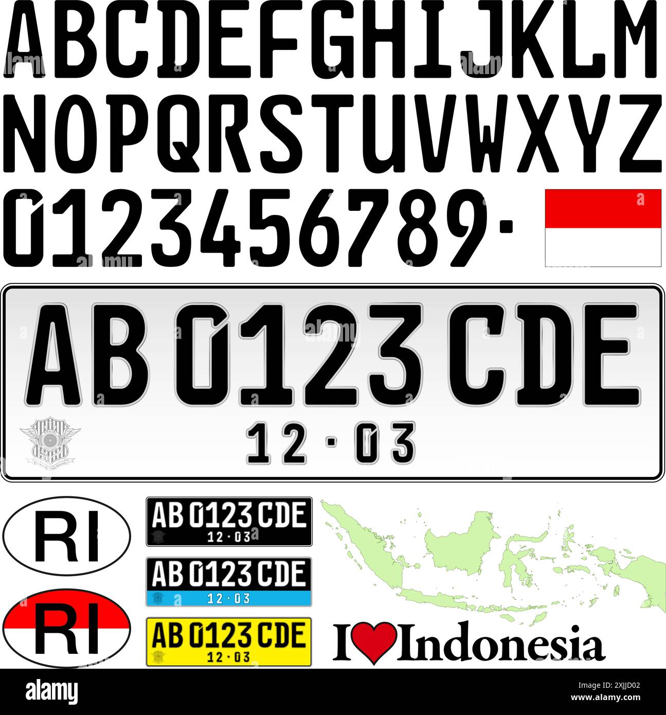 Indonesien Autokennzeichen Muster, Buchstaben, Zahlen und Symbole, Vektorillustration, Republik Indonesien Stock Vektor