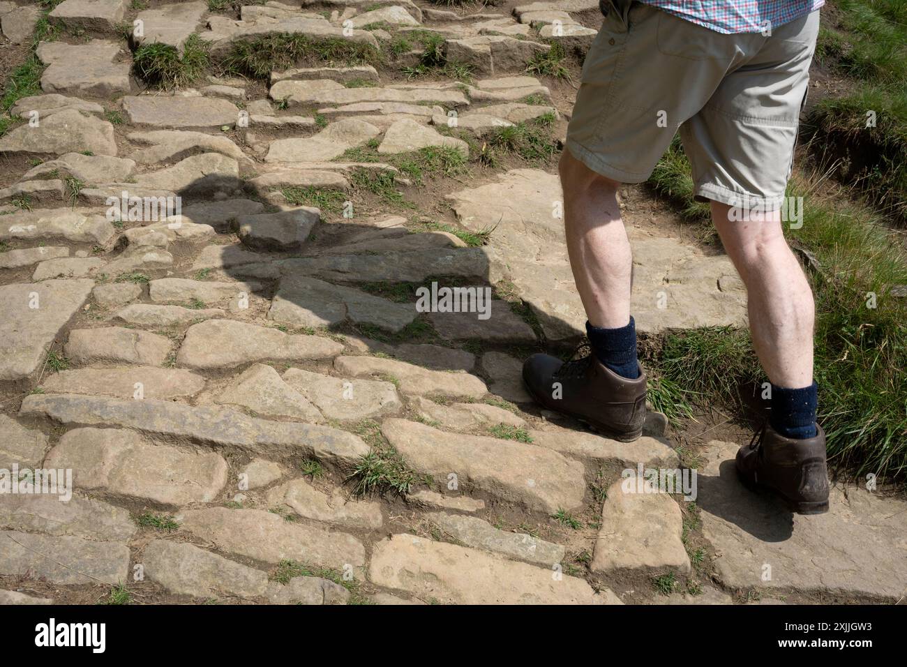 Die Beine eines Wanderer klettern am 17. Juli 2024 in Edale, Derbyshire, England, auf dem Weg zum Kinder Scout auf den unteren Etappen des Pennine Way die Stufen von Jacob's Ladder. Stockfoto