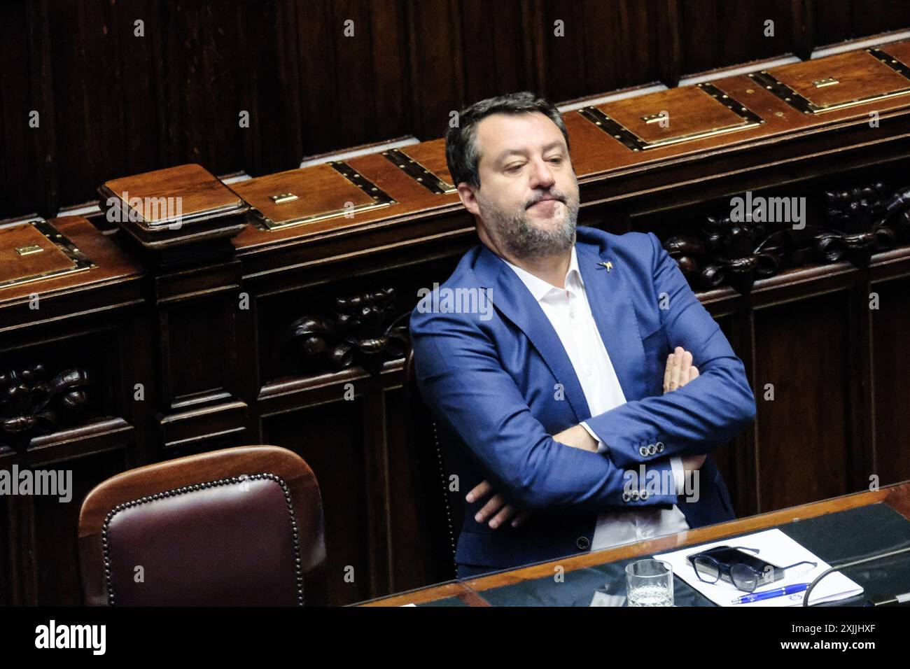 Roma, Italien. Juli 2024. IL ministro delle infrastrutture e trasporti Matteo Salvini in occsione del voto finale di conversione in legge del DL semplificazione edilizia, Camera dei Deputati a Roma, Venerd&#xec; 19 Luglio 2024 (Foto Mauro Scrobogna/LaPresse) Minister für Infrastruktur und Verkehr Matteo Salvini anlässlich der Schlussabstimmung über die rechtliche Umsetzung des Erlasses zur Vereinfachung des Gebäudes in der Abgeordnetenkammer in Rom, Freitag, den 19. Juli 2024. (Foto: Mauro Scrobogna/LaPresse) Credit: LaPresse/Alamy Live News Stockfoto