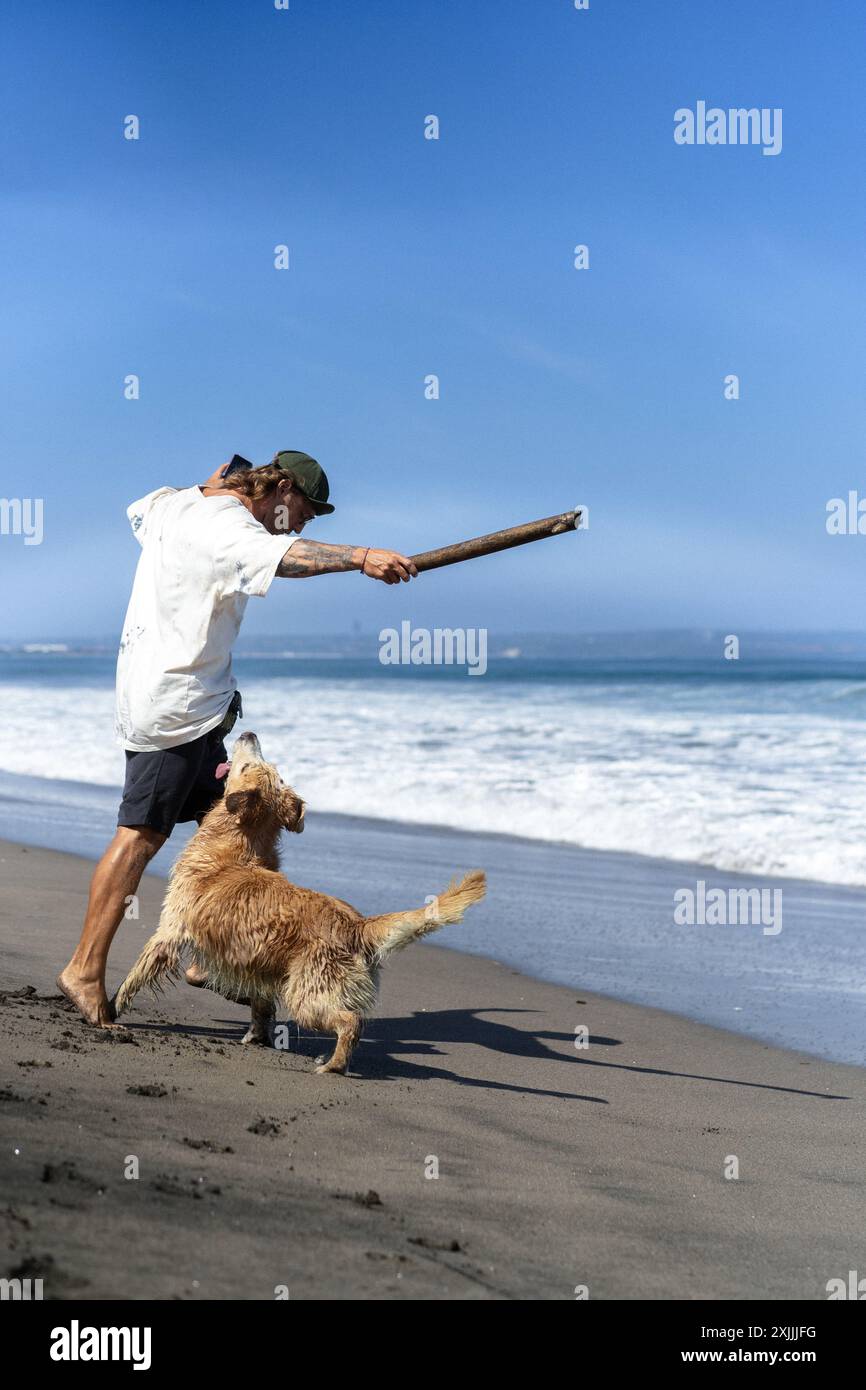 Mann spielt am Strand mit Retriever-Hund, rennt und täuscht herum. Stockfoto