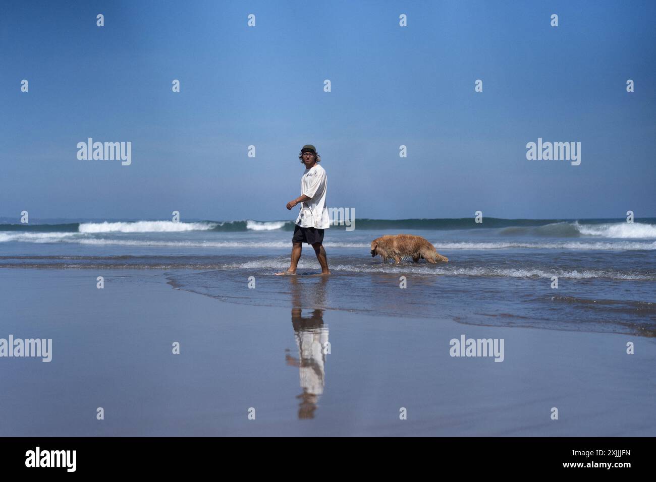 Mann spielt am Strand mit Retriever-Hund, rennt und täuscht herum. Stockfoto