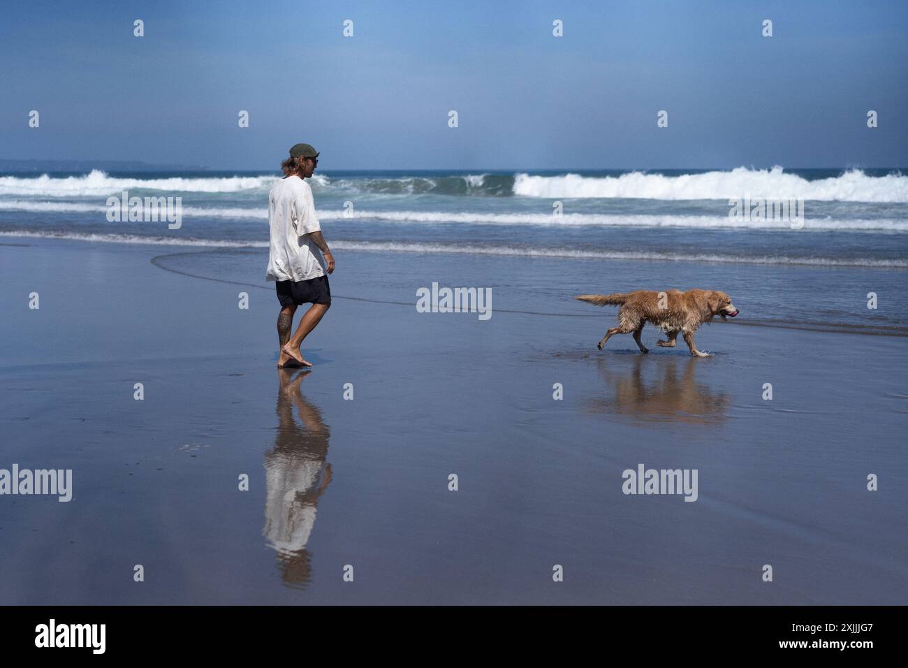 Mann am Strand mit Retriever-Hund. Stockfoto