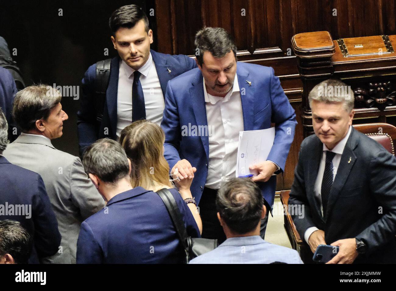 Roma, Italien. Juli 2024. IL ministro delle infrastrutture e trasporti Matteo Salvini in occsione del voto finale di conversione in legge del DL semplificazione edilizia, Camera dei Deputati a Roma, Venerd&#xec; 19 Luglio 2024 (Foto Mauro Scrobogna/LaPresse) Minister für Infrastruktur und Verkehr Matteo Salvini anlässlich der Schlussabstimmung über die rechtliche Umsetzung des Erlasses zur Vereinfachung des Gebäudes in der Abgeordnetenkammer in Rom, Freitag, den 19. Juli 2024. (Foto: Mauro Scrobogna/LaPresse) Credit: LaPresse/Alamy Live News Stockfoto