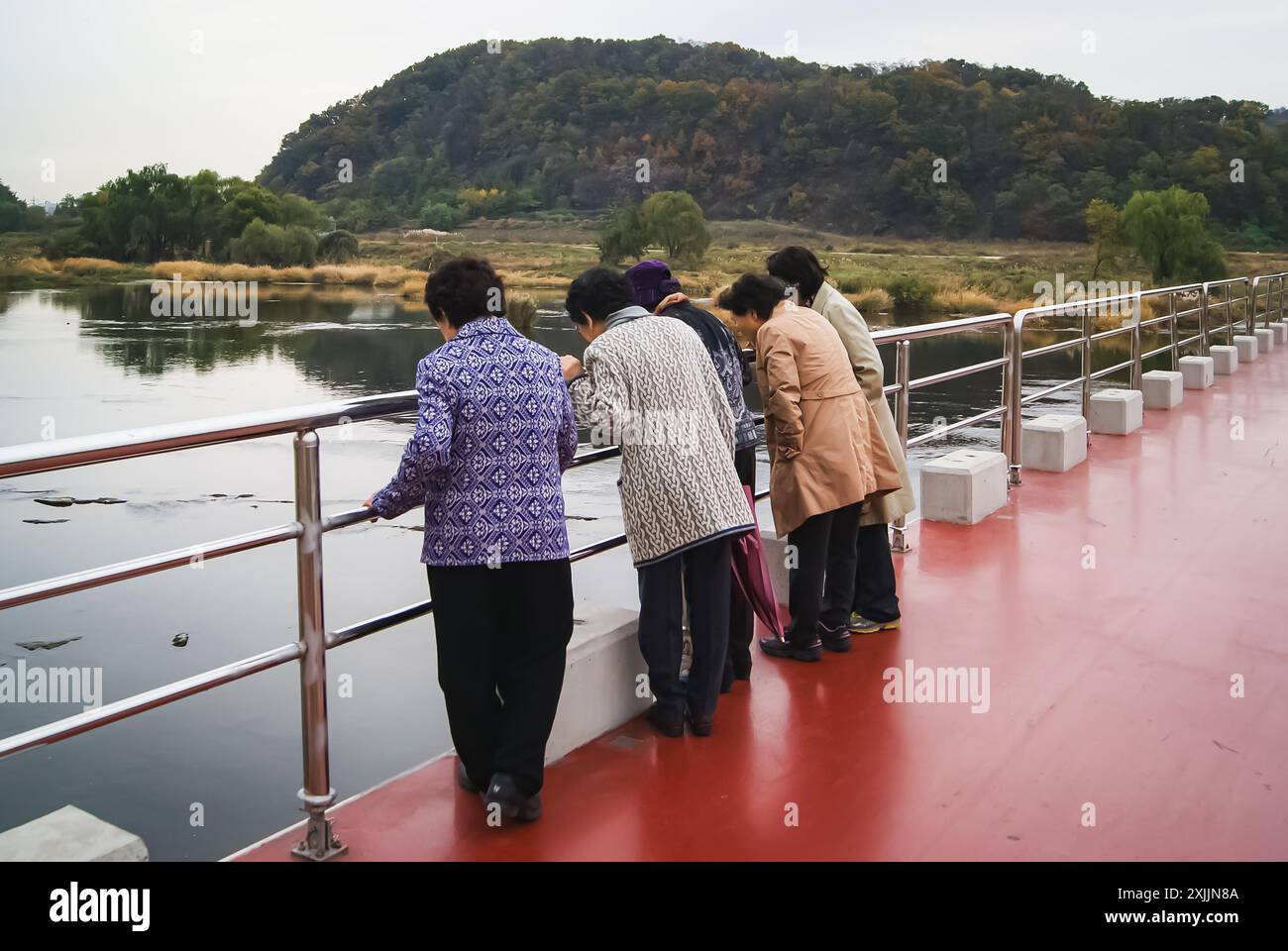 Gruppe koreanischer Frauen, die den Fluss von einer Brücke in einem Park aus beobachten Stockfoto