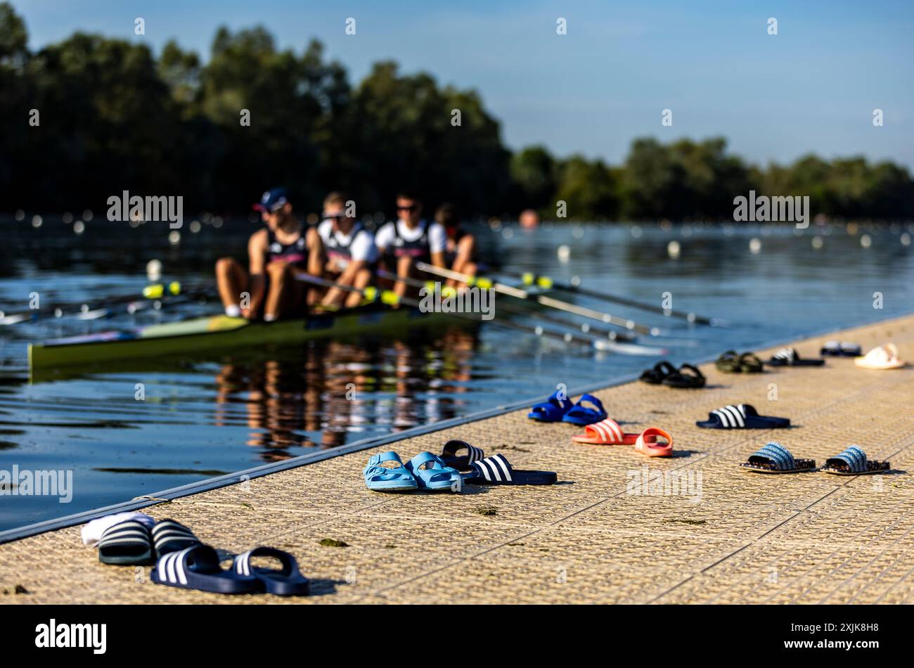 Allgemeine Ansicht der Schuhe der britischen Vierfach-Skulls Tom Barras, Callum Dixon, Matt Haywood und Graeme Thomas während eines Trainings am Redgrave Pinsent Rowing Lake, Reading. Bilddatum: Freitag, 19. Juli 2024. Stockfoto