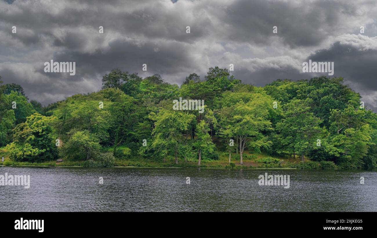 Ein Landschaftsfoto, das in Fairfax Virginia von einer Küste und Bäumen eines künstlichen Sees unter bedrohlichen Wolken aufgenommen wurde Stockfoto