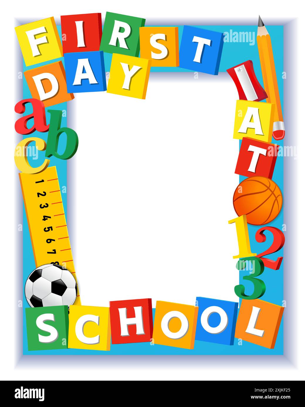 Der erste Tag beim Design des Schulstandes, der Bilderrahmen für die Rückkehr zur Schule. Erster Schultag 2024-2025 kreativer Vektortext mit farbigen Würfeln, Bleistift, Kugeln Stock Vektor