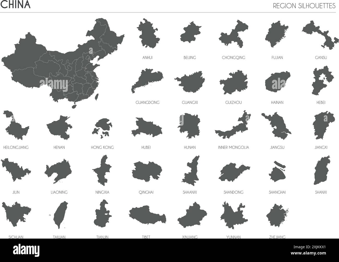 Silhouetten der Region China und leere Landkarte des Landes isoliert auf weißem Hintergrund. Vektorgrafik Stock Vektor
