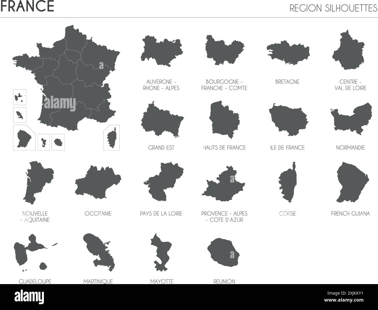 Silhouetten der Region Frankreich und leere Landkarte des Landes isoliert auf weißem Hintergrund. Vektorgrafik Stock Vektor