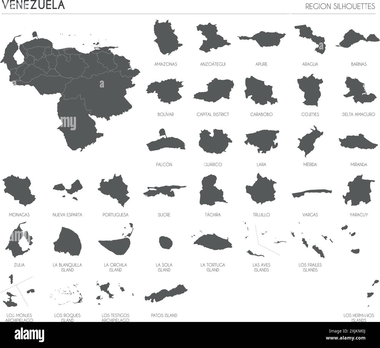 Silhouetten der Region Venezuela und leere Karte des Landes isoliert auf weißem Hintergrund. Vektorgrafik Stock Vektor