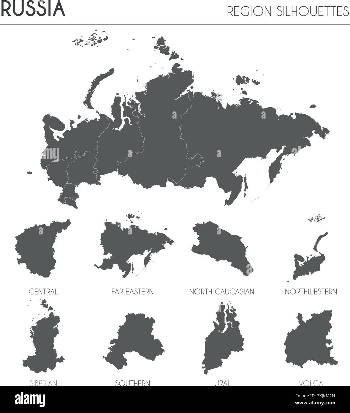 Russland Region Silhouetten Set und leere Karte des Landes isoliert auf weißem Hintergrund. Vektorgrafik Stock Vektor