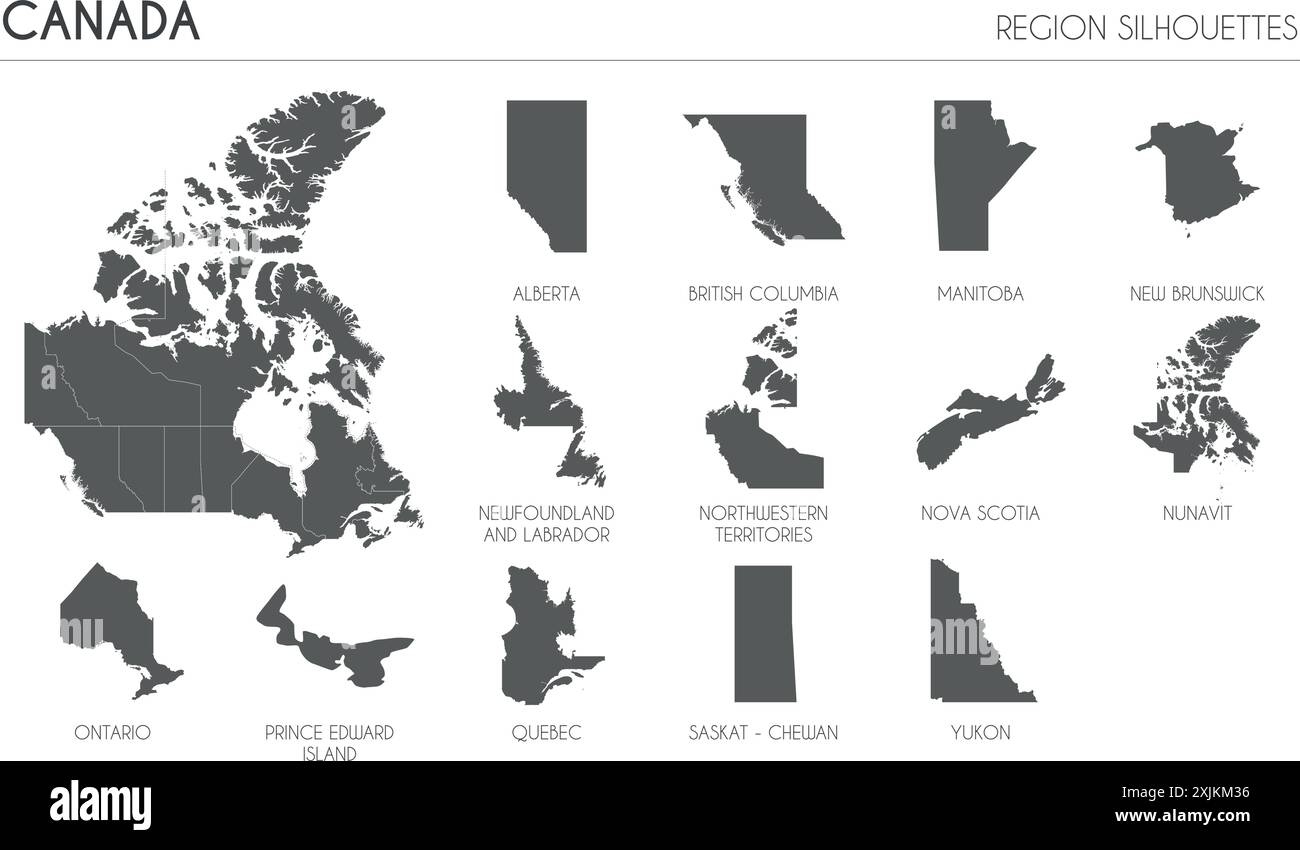 Silhouetten der Region Kanada und leere Landkarte des Landes isoliert auf weißem Hintergrund. Vektorgrafik Stock Vektor