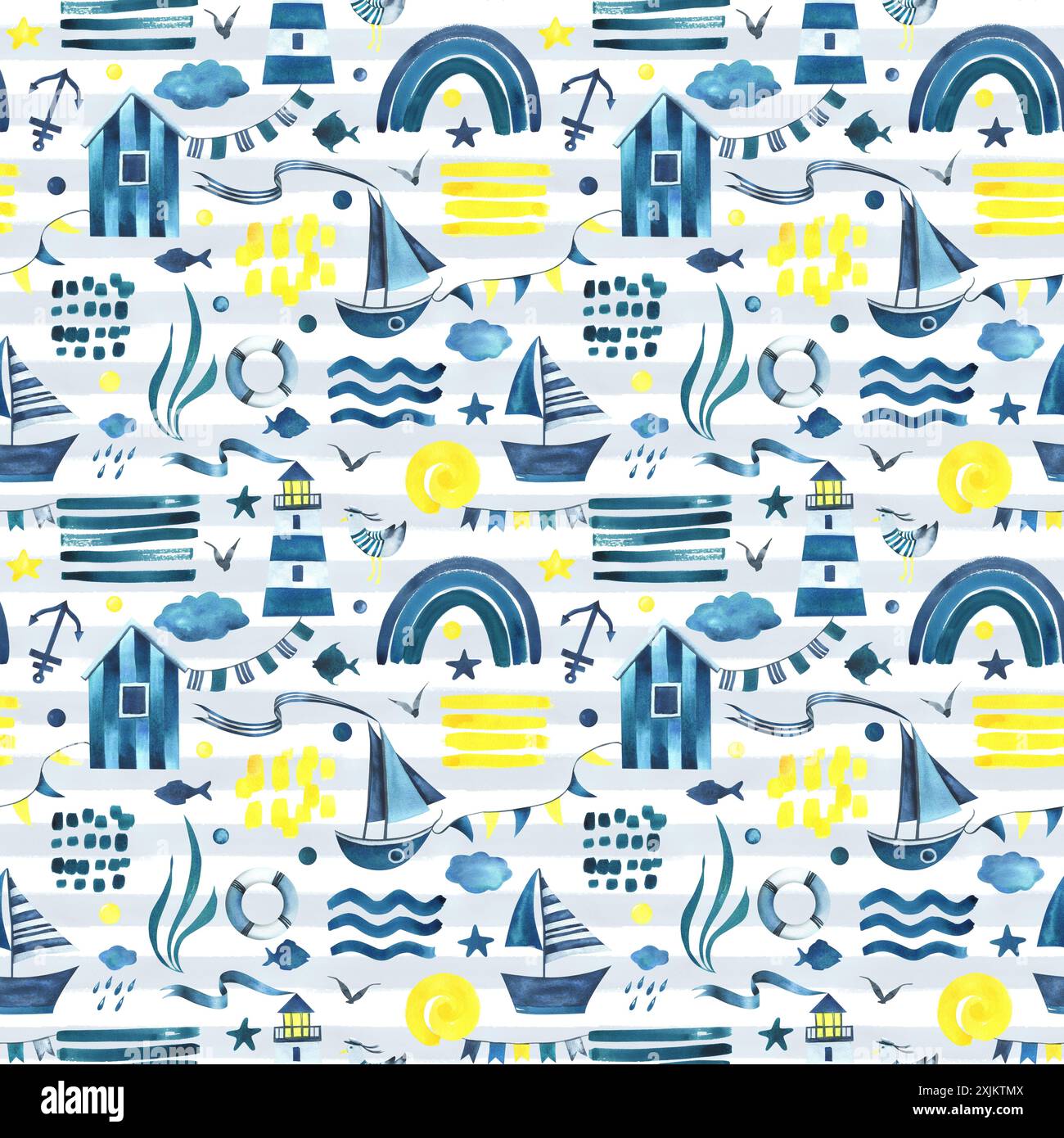 Segeln Sie blaue Boote mit einem Band, das mit einem Leuchtturm auf dem Wasser schwimmt. Aquarellillustration handgezeichnet in einem einfachen abstrakten kindlichen Stil Stockfoto