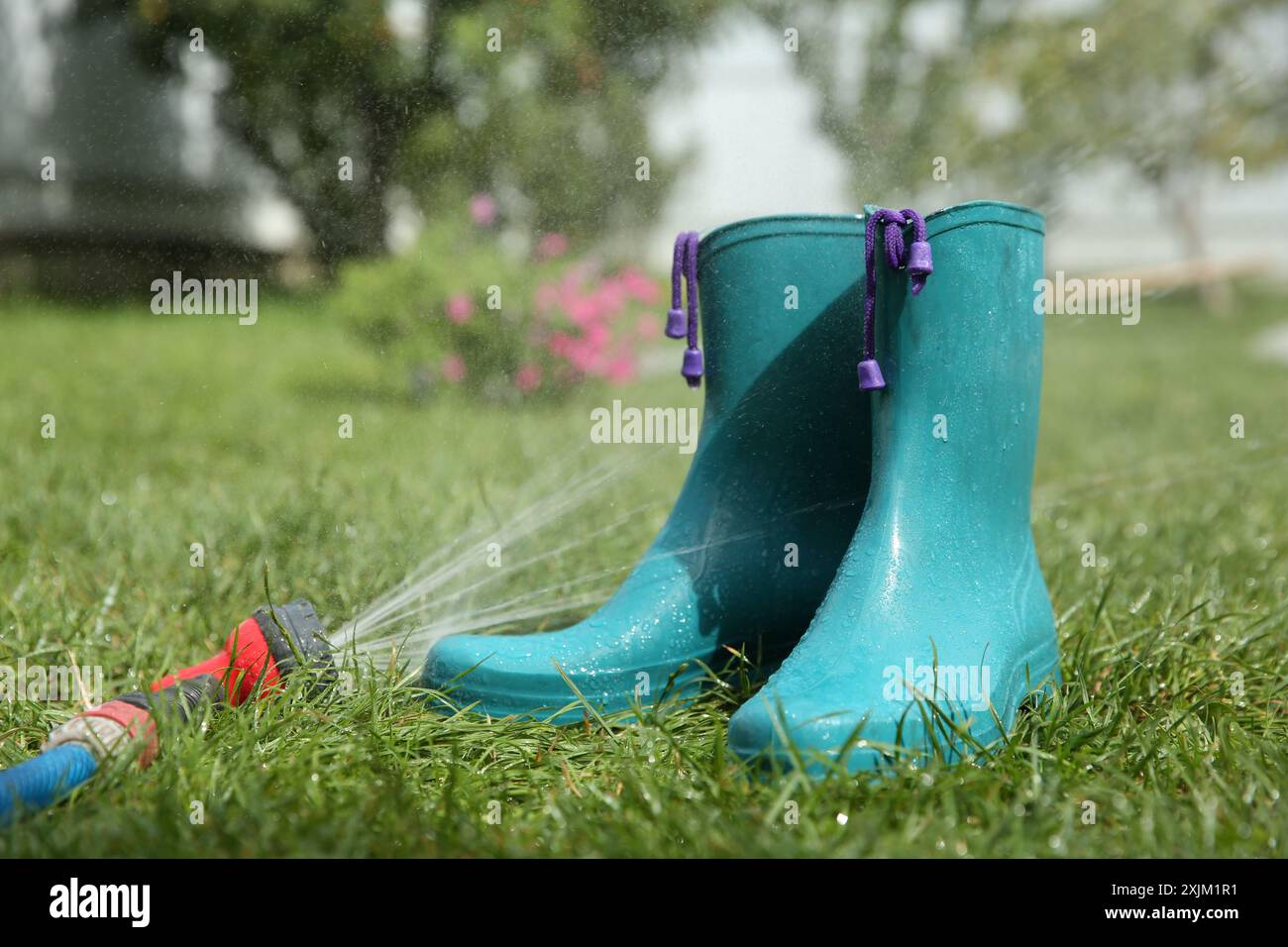 Helle Gummistiefel unter Wasserdruck auf grünem Gras im Freien Stockfoto