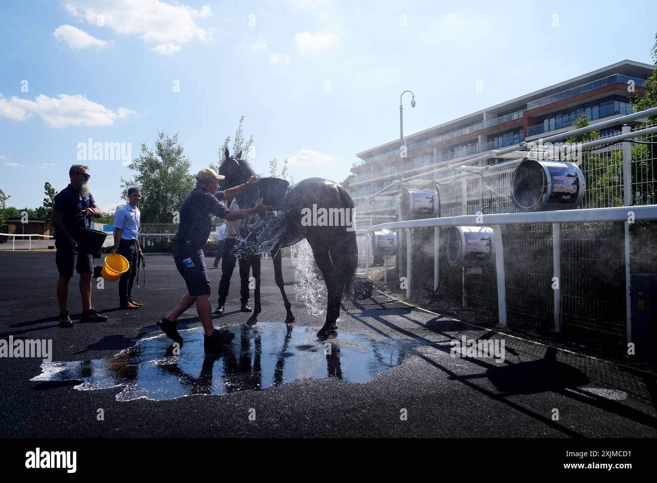 Nach den Einsätzen der Ivan Crawford British EBF Maiden Fillies während des IRE Incentive Raceday auf der Newbury Racecourse wird ein Pferd mit Wasser und Fans gekühlt. Bilddatum: Freitag, 19. Juli 2024. Stockfoto