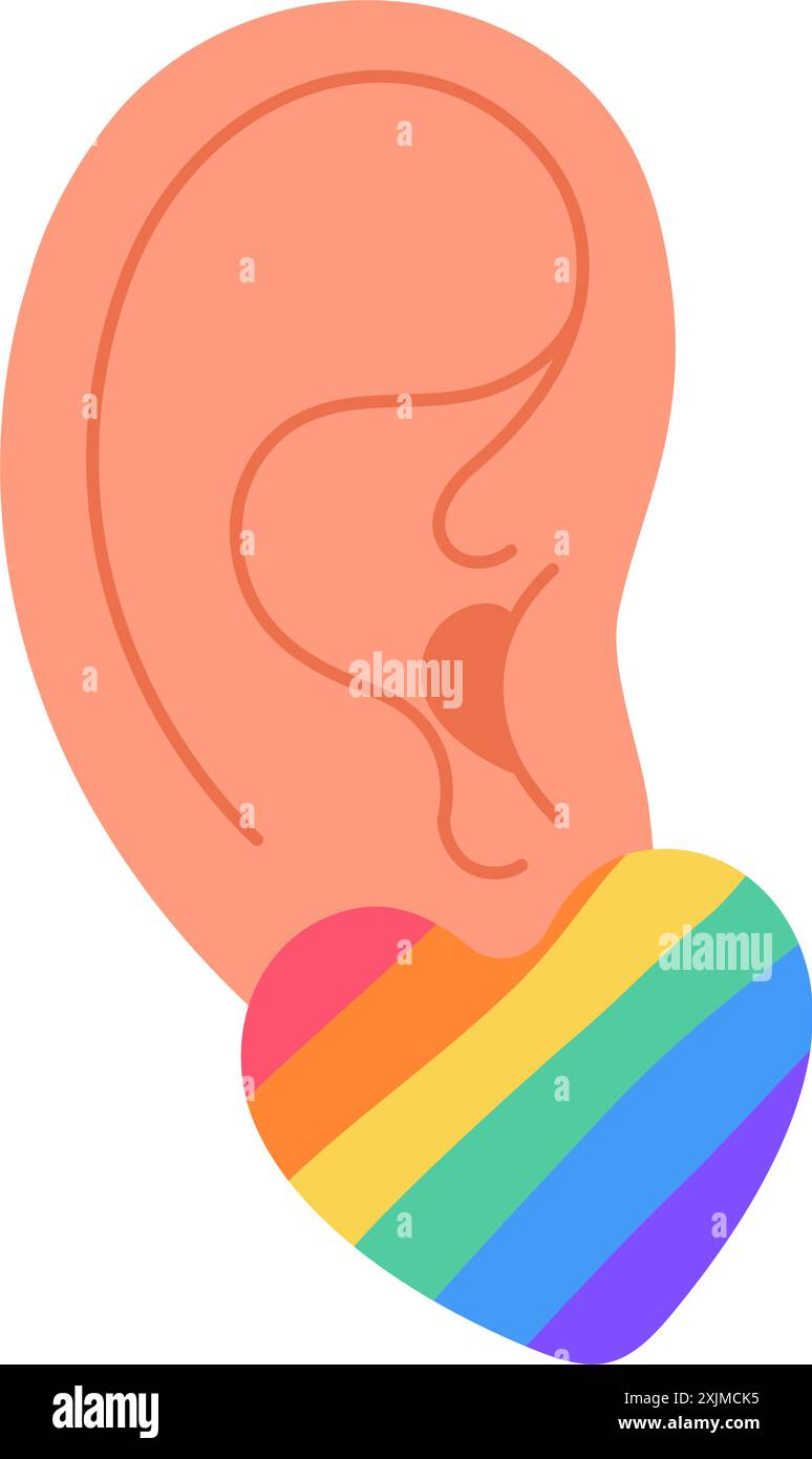 Ohr mit Ohrring. Durchstechen. LGBTQ Farben Herz Ohrring, Sommer Modeschmuck. Handgezeichneter trendiger, flacher Stil isolierter moderner Schmuck. Vektorabbildung Stock Vektor