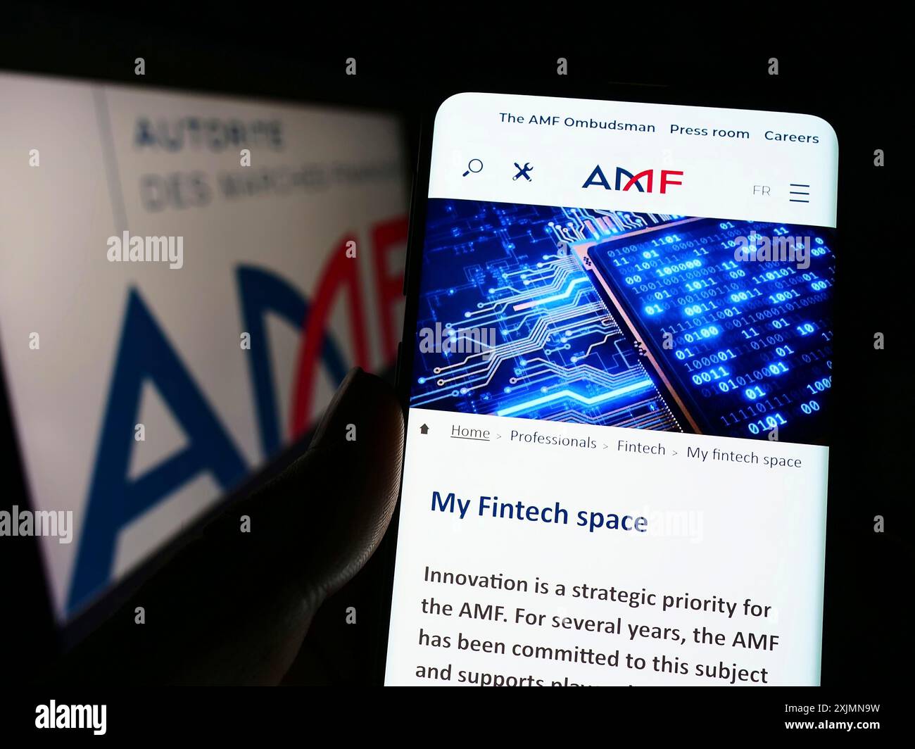 Handy mit Webseite der Regulierungsbehörde Autorite des Marches Financiers (AMF) auf dem Bildschirm mit Logo. Konzentrieren Sie sich auf die Mitte des Telefondisplays Stockfoto Handy mit Webseite der Regulierungsbehörde Autorite des Marches Financiers (AMF) auf dem Bildschirm mit Logo. Konzentrieren Sie sich auf die Mitte des Telefondisplays Stockfoto