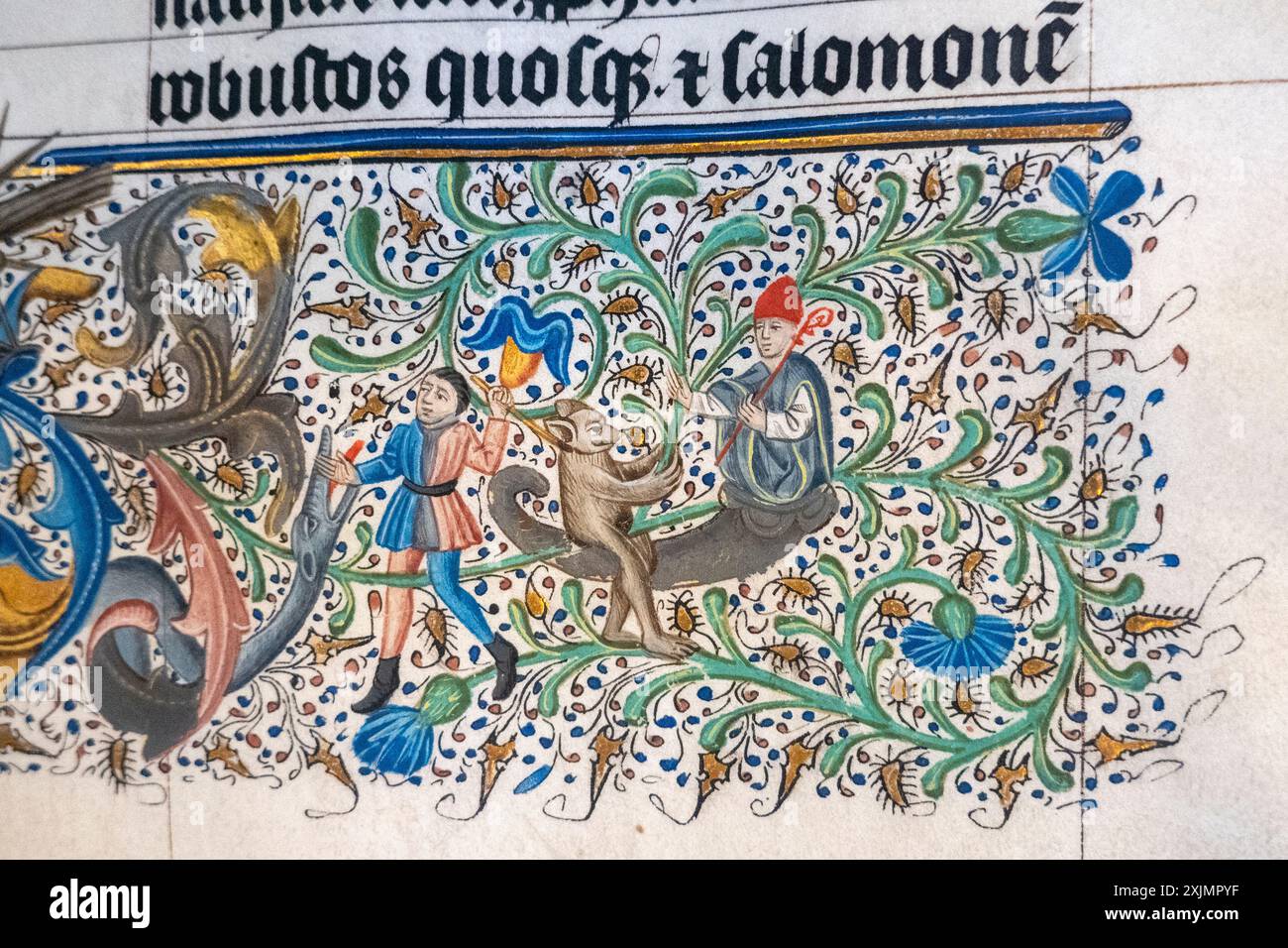 Dekorative Illustration am Fuß der Seite aus der Malmesbury’s Bible, einer beleuchteten Bibel aus dem 15. Jahrhundert in 4 Bänden im Scriptorium eines belgischen Klosters, das in der Malmesbury Abbey geschaffen wurde. Stockfoto