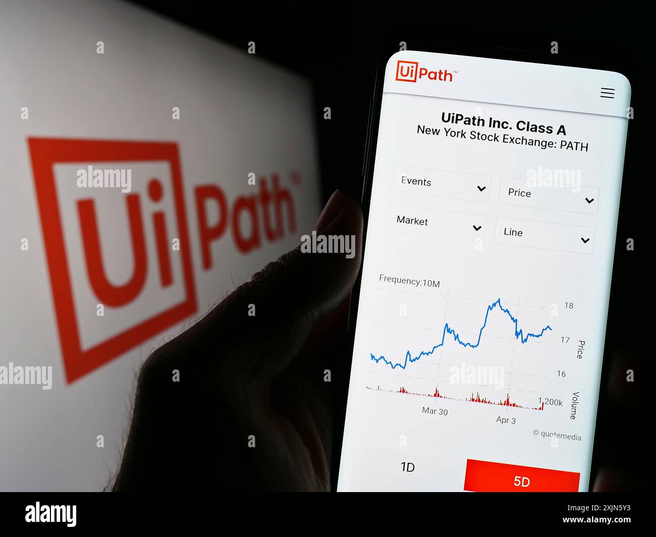 Stuttgart, Deutschland, 04.04.2023: Person, die ein Smartphone hält, mit Webseite des Automatisierungssoftware-Unternehmens UiPath Inc. Auf dem Bildschirm vor dem Logo. Fokus Stockfoto
