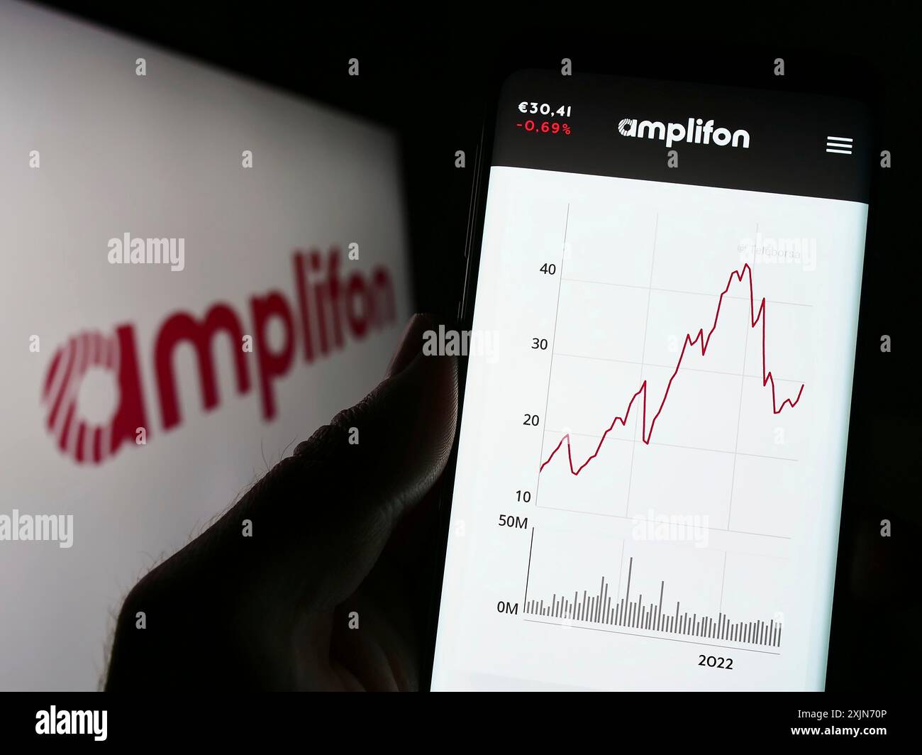 Stuttgart, 25.03.2023: Handybesitzer mit Webseite des italienischen Hörgeräteunternehmens Amplifon S.p.A. auf dem Bildschirm vor dem Logo. Stockfoto
