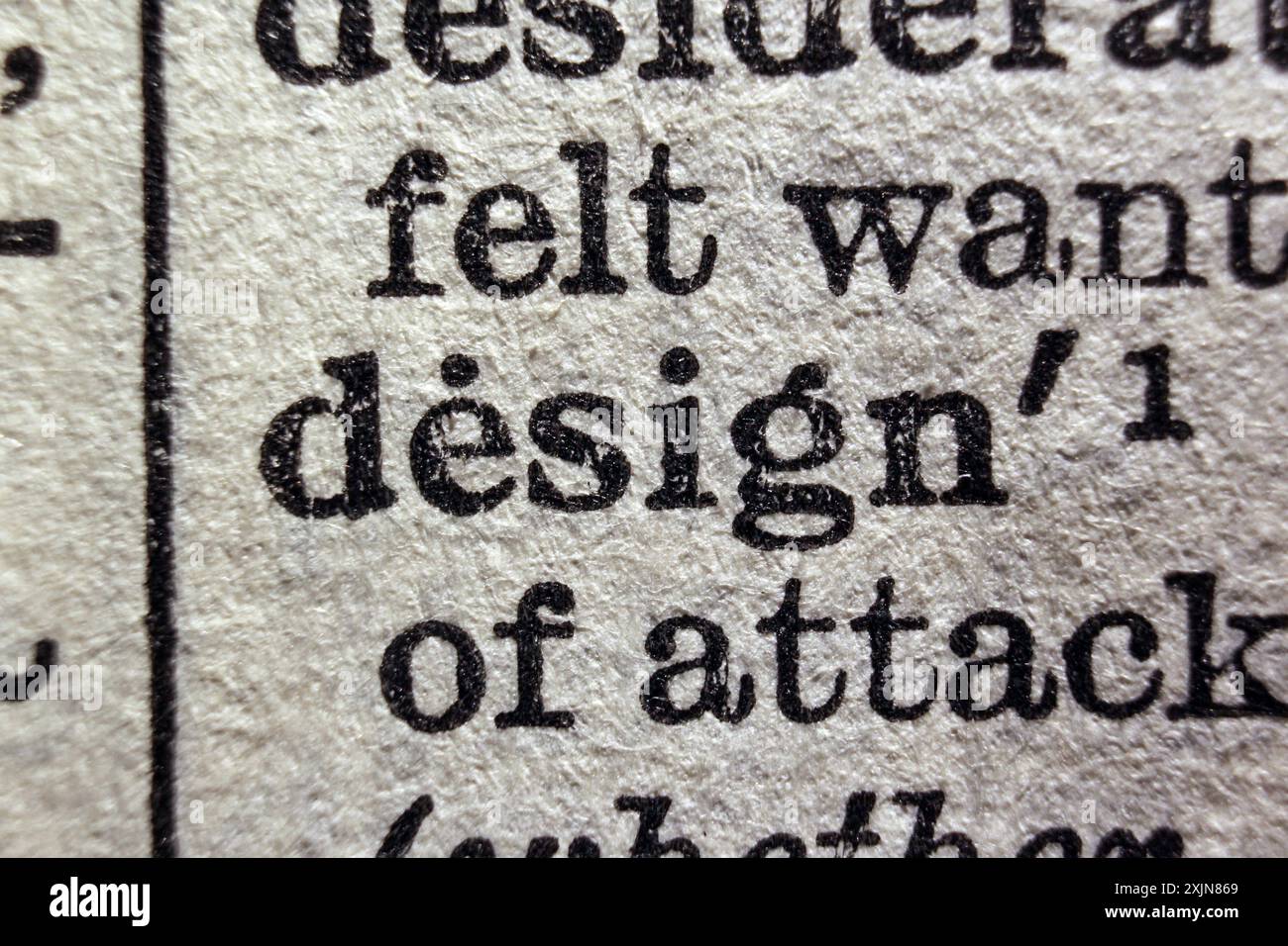 Wortdesign auf Wörterbuchseite, Makronaht Stockfoto