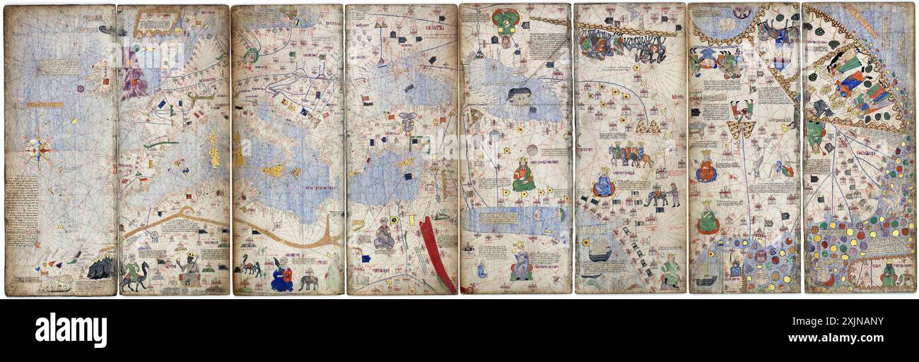 Katalanischer Atlas. Montage von 8 Seiten (das dritte bis sechste Blatt) des ursprünglichen katalanischen Atlas von 1375 Stockfoto