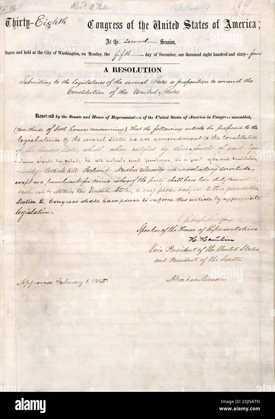 Der 13. Zusatzartikel. Der 13. Zusatzartikel zur Verfassung der Vereinigten Staaten, der 1865 von Abraham Lincoln unterzeichnet wurde Stockfoto