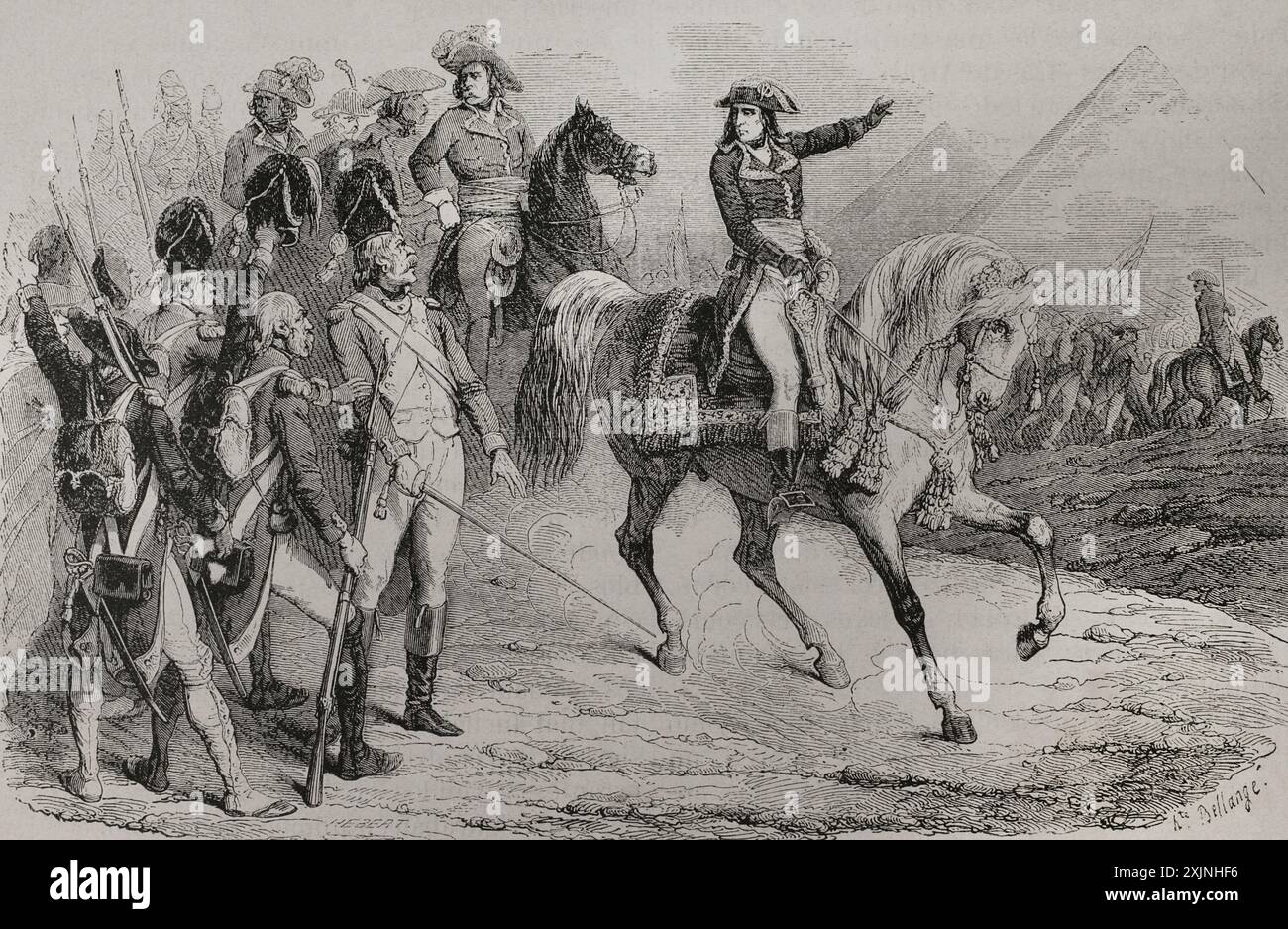 Napoleonische Kriege. Französische Invasion in Ägypten (1798-1801). Schlacht an den Pyramiden (21. Juli 1798). Die französische Armee unter Napoleon Bonaparte besiegte die lokalen Mamluken. Napoleon: 'Soldaten, von der Spitze der Pyramiden vierzig Jahrhunderte betrachten Sie!' Zeichnung von Bellange. Gravur. "Geschichte der Französischen Revolution". Band I, 2. Teil, 1879. Stockfoto
