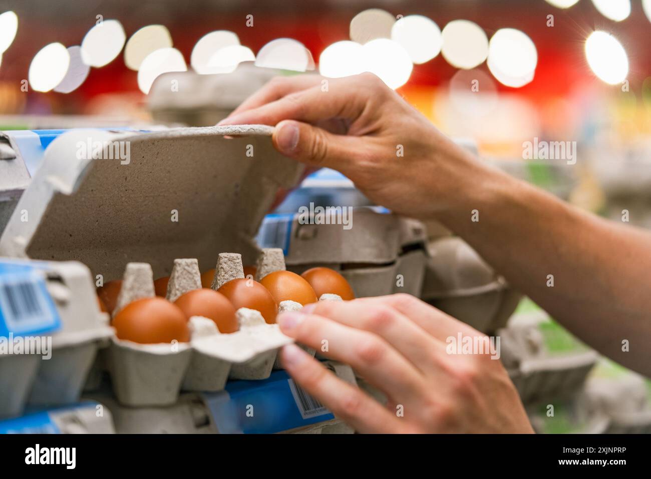 Man kontrolliert einen Karton brauner Eier im Supermarktgang, um Qualität und Frische zu gewährleisten. Auswahl von Qualitätsprodukten im Geschäft, Stockfoto