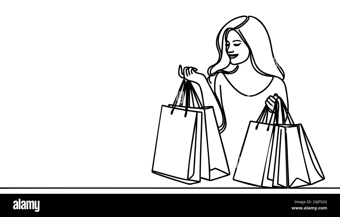 Durchgehende Einzeilenzeichnung einer Frau, die nach dem Einkaufen Papiertüten hält. Stock Vektor