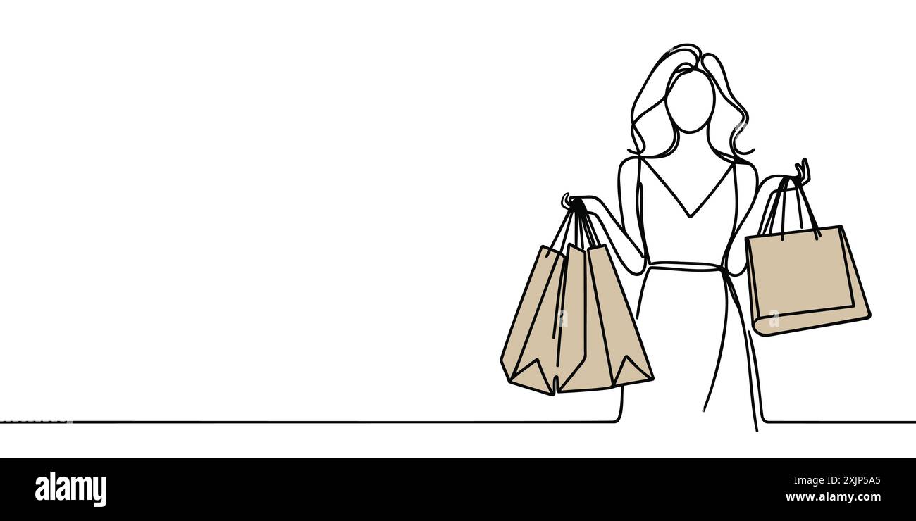 Durchgehende Einzeilenzeichnung einer Frau, die nach dem Einkaufen Papiertüten hält. Stock Vektor